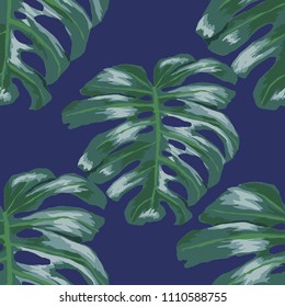 Seamless pattern with tropical leaves: palms, monstera, passion fruit. Beautiful allover print with hand drawn exotic plants. Swimwear botanical design. Vector.

