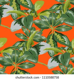 Seamless pattern with tropical leaves: palms, monstera, passion fruit. Beautiful allover print with hand drawn exotic plants. Swimwear botanical design. Vector.
