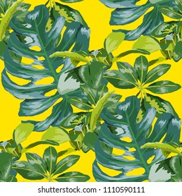 Seamless pattern with tropical leaves: palms, monstera, passion fruit. Beautiful allover print with hand drawn exotic plants. Swimwear botanical design. Vector.
