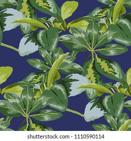 Seamless pattern with tropical leaves: palms, monstera, passion fruit. Beautiful allover print with hand drawn exotic plants. Swimwear botanical design. Vector.
