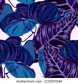 Seamless pattern with tropical leaves: palms, monstera, passion fruit. Beautiful allover print with hand drawn exotic plants. Swimwear botanical design. Vector.
