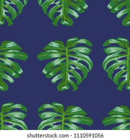 Seamless pattern with tropical leaves: palms, monstera, passion fruit. Beautiful allover print with hand drawn exotic plants. Swimwear botanical design. Vector.
