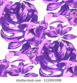 Seamless pattern with tropical leaves: palms, monstera, passion fruit. Beautiful allover print with hand drawn exotic plants. Swimwear botanical design. Vector.
