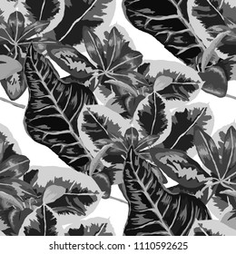 Seamless pattern with tropical leaves: palms, monstera, passion fruit. Beautiful allover print with hand drawn exotic plants. Swimwear botanical design. Vector.
