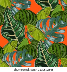 Seamless pattern with tropical leaves: palms, monstera, passion fruit. Beautiful allover print with hand drawn exotic plants. Swimwear botanical design. Vector.
