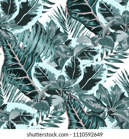 Seamless pattern with tropical leaves: palms, monstera, passion fruit. Beautiful allover print with hand drawn exotic plants. Swimwear botanical design. Vector.
