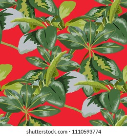 Seamless pattern with tropical leaves: palms, monstera, passion fruit. Beautiful allover print with hand drawn exotic plants. Swimwear botanical design. Vector.
