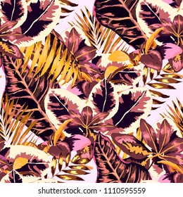 Seamless pattern with tropical leaves: palms, monstera, passion fruit. Beautiful allover print with hand drawn exotic plants. Swimwear botanical design. Vector.
