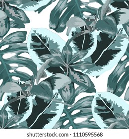 Seamless pattern with tropical leaves: palms, monstera, passion fruit. Beautiful allover print with hand drawn exotic plants. Swimwear botanical design. Vector.
