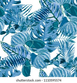 Seamless pattern with tropical leaves: palms, monstera, passion fruit. Beautiful allover print with hand drawn exotic plants. Swimwear botanical design. Vector.
