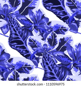 Seamless pattern with tropical leaves: palms, monstera, passion fruit. Beautiful allover print with hand drawn exotic plants. Swimwear botanical design. Vector.
