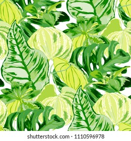Seamless pattern with tropical leaves: palms, monstera, passion fruit. Beautiful allover print with hand drawn exotic plants. Swimwear botanical design. Vector.
