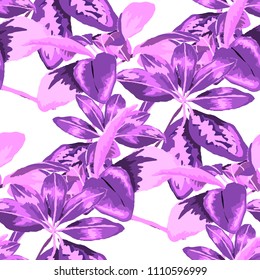 Seamless pattern with tropical leaves: palms, monstera, passion fruit. Beautiful allover print with hand drawn exotic plants. Swimwear botanical design. Vector.
