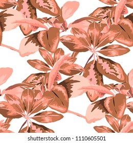 Seamless pattern with tropical leaves: palms, monstera, passion fruit. Beautiful allover print with hand drawn exotic plants. Swimwear botanical design. Vector.
