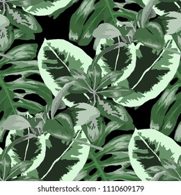 Seamless pattern with tropical leaves: palms, monstera, passion fruit. Beautiful allover print with hand drawn exotic plants. Swimwear botanical design. Vector.
