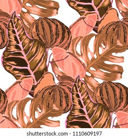 Seamless pattern with tropical leaves: palms, monstera, passion fruit. Beautiful allover print with hand drawn exotic plants. Swimwear botanical design. Vector.
