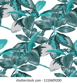 Seamless pattern with tropical leaves: palms, monstera, passion fruit. Beautiful allover print with hand drawn exotic plants. Swimwear botanical design. Vector.
