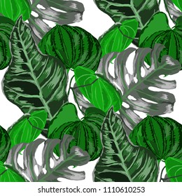 Seamless pattern with tropical leaves: palms, monstera, passion fruit. Beautiful allover print with hand drawn exotic plants. Swimwear botanical design. Vector.
