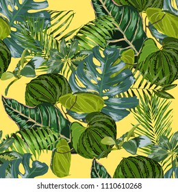 Seamless pattern with tropical leaves: palms, monstera, passion fruit. Beautiful allover print with hand drawn exotic plants. Swimwear botanical design. Vector.

