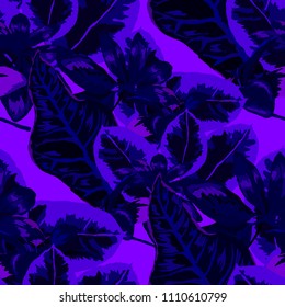 Seamless pattern with tropical leaves: palms, monstera, passion fruit. Beautiful allover print with hand drawn exotic plants. Swimwear botanical design. Vector.
