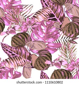 Seamless pattern with tropical leaves: palms, monstera, passion fruit. Beautiful allover print with hand drawn exotic plants. Swimwear botanical design. Vector.
