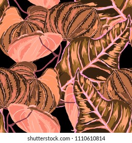 Seamless pattern with tropical leaves: palms, monstera, passion fruit. Beautiful allover print with hand drawn exotic plants. Swimwear botanical design. Vector.
