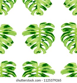 Seamless pattern with tropical leaves: palms, monstera, passion fruit. Beautiful allover print with hand drawn exotic plants. Swimwear botanical design. Vector.
