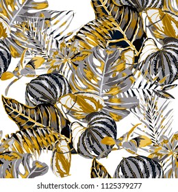 Seamless pattern with tropical leaves: palms, monstera, passion fruit. Beautiful allover print with hand drawn exotic plants. Swimwear botanical design. Vector.
