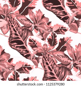 Seamless pattern with tropical leaves: palms, monstera, passion fruit. Beautiful allover print with hand drawn exotic plants. Swimwear botanical design. Vector.
