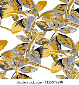 Seamless pattern with tropical leaves: palms, monstera, passion fruit. Beautiful allover print with hand drawn exotic plants. Swimwear botanical design. Vector.
