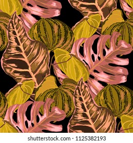 Seamless pattern with tropical leaves: palms, monstera, passion fruit. Beautiful allover print with hand drawn exotic plants. Swimwear botanical design. Vector.
