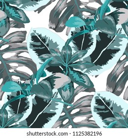 Seamless pattern with tropical leaves: palms, monstera, passion fruit. Beautiful allover print with hand drawn exotic plants. Swimwear botanical design. Vector.
