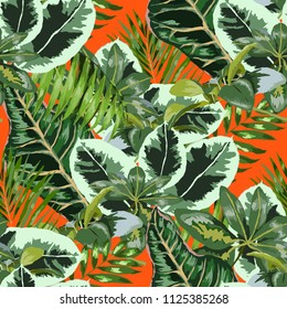 Seamless pattern with tropical leaves: palms, monstera, passion fruit. Beautiful allover print with hand drawn exotic plants. Swimwear botanical design. Vector.
