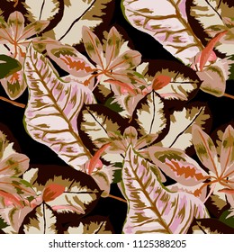 Seamless pattern with tropical leaves: palms, monstera, passion fruit. Beautiful allover print with hand drawn exotic plants. Swimwear botanical design. Vector.
