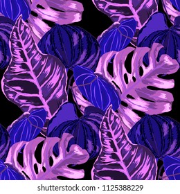 Seamless pattern with tropical leaves: palms, monstera, passion fruit. Beautiful allover print with hand drawn exotic plants. Swimwear botanical design. Vector.
