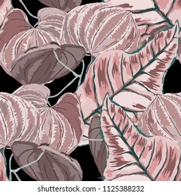 Seamless pattern with tropical leaves: palms, monstera, passion fruit. Beautiful allover print with hand drawn exotic plants. Swimwear botanical design. Vector.
