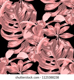 Seamless pattern with tropical leaves: palms, monstera, passion fruit. Beautiful allover print with hand drawn exotic plants. Swimwear botanical design. Vector.
