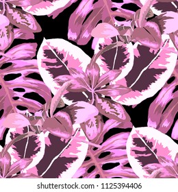 Seamless pattern with tropical leaves: palms, monstera, passion fruit. Beautiful allover print with hand drawn exotic plants. Swimwear botanical design. Vector.
