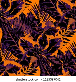 Seamless pattern with tropical leaves: palms, monstera, passion fruit. Beautiful allover print with hand drawn exotic plants. Swimwear botanical design. Vector.

