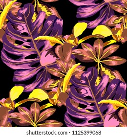 Seamless pattern with tropical leaves: palms, monstera, passion fruit. Beautiful allover print with hand drawn exotic plants. Swimwear botanical design. Vector.
