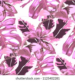Seamless pattern with tropical leaves: palms, monstera, passion fruit. Beautiful allover print with hand drawn exotic plants. Swimwear botanical design. Vector.
