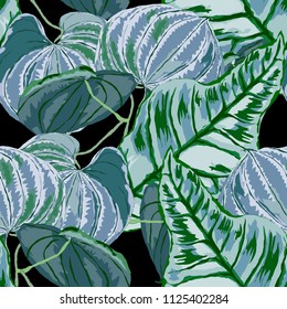 Seamless pattern with tropical leaves: palms, monstera, passion fruit. Beautiful allover print with hand drawn exotic plants. Swimwear botanical design. Vector.
