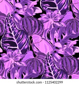 Seamless pattern with tropical leaves: palms, monstera, passion fruit. Beautiful allover print with hand drawn exotic plants. Swimwear botanical design. Vector.
