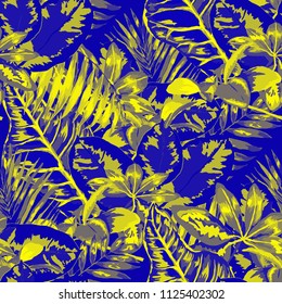 Seamless pattern with tropical leaves: palms, monstera, passion fruit. Beautiful allover print with hand drawn exotic plants. Swimwear botanical design. Vector.
