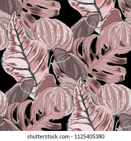 Seamless pattern with tropical leaves: palms, monstera, passion fruit. Beautiful allover print with hand drawn exotic plants. Swimwear botanical design. Vector.
