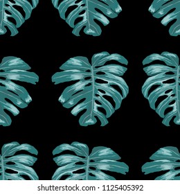 Seamless pattern with tropical leaves: palms, monstera, passion fruit. Beautiful allover print with hand drawn exotic plants. Swimwear botanical design. Vector.
