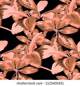 Seamless pattern with tropical leaves: palms, monstera, passion fruit. Beautiful allover print with hand drawn exotic plants. Swimwear botanical design. Vector.
