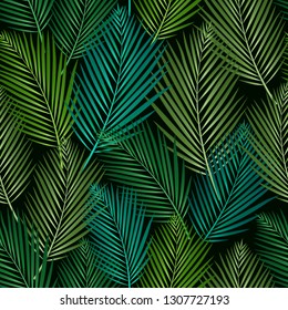 Seamless pattern with tropical leaves: palms, jungle leaf seamless vector pattern dark background. Swimwear botanical design. Vector.
