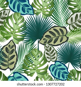 Seamless pattern with tropical leaves: palms, monstera, jungle leaf seamless vector pattern dark background. Swimwear botanical design. Vector.

