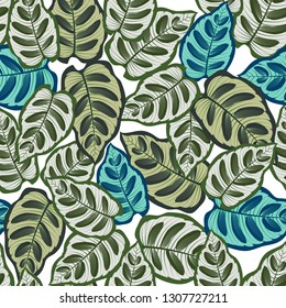 Seamless pattern with tropical leaves: palms, monstera, jungle leaf seamless vector pattern dark background. Swimwear botanical design. Vector.
